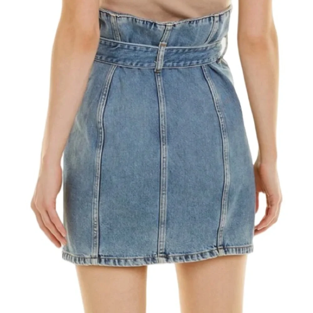 IRO Melay Denim Mini Skirt in Medium Blue Belted Paperbag Waist US Size 6 EU 38